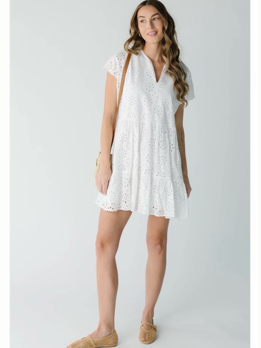 White Eyelet Tiered Mini Dress with V-Neck (SOLD OUT online)